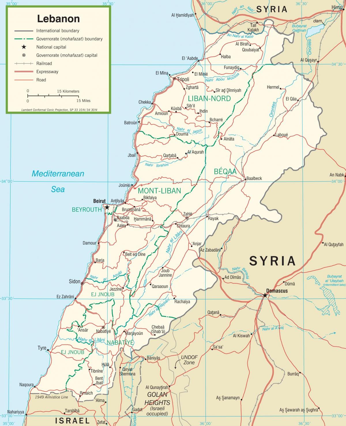 Libanon cesty mapu