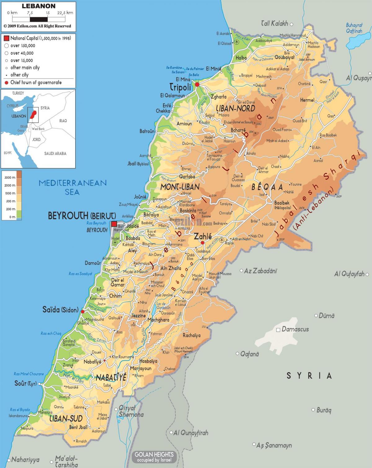 mapa Libanonu fyzickej