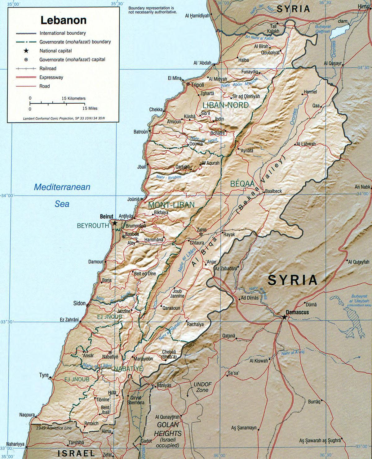 mapa Libanonu geografia