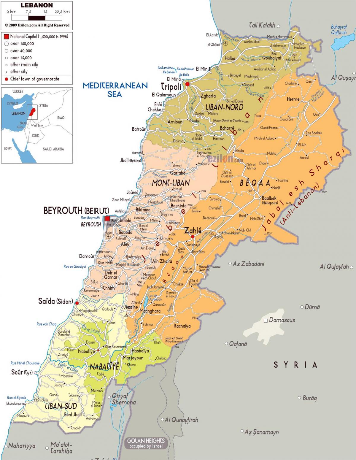Libanon podrobnú mapu